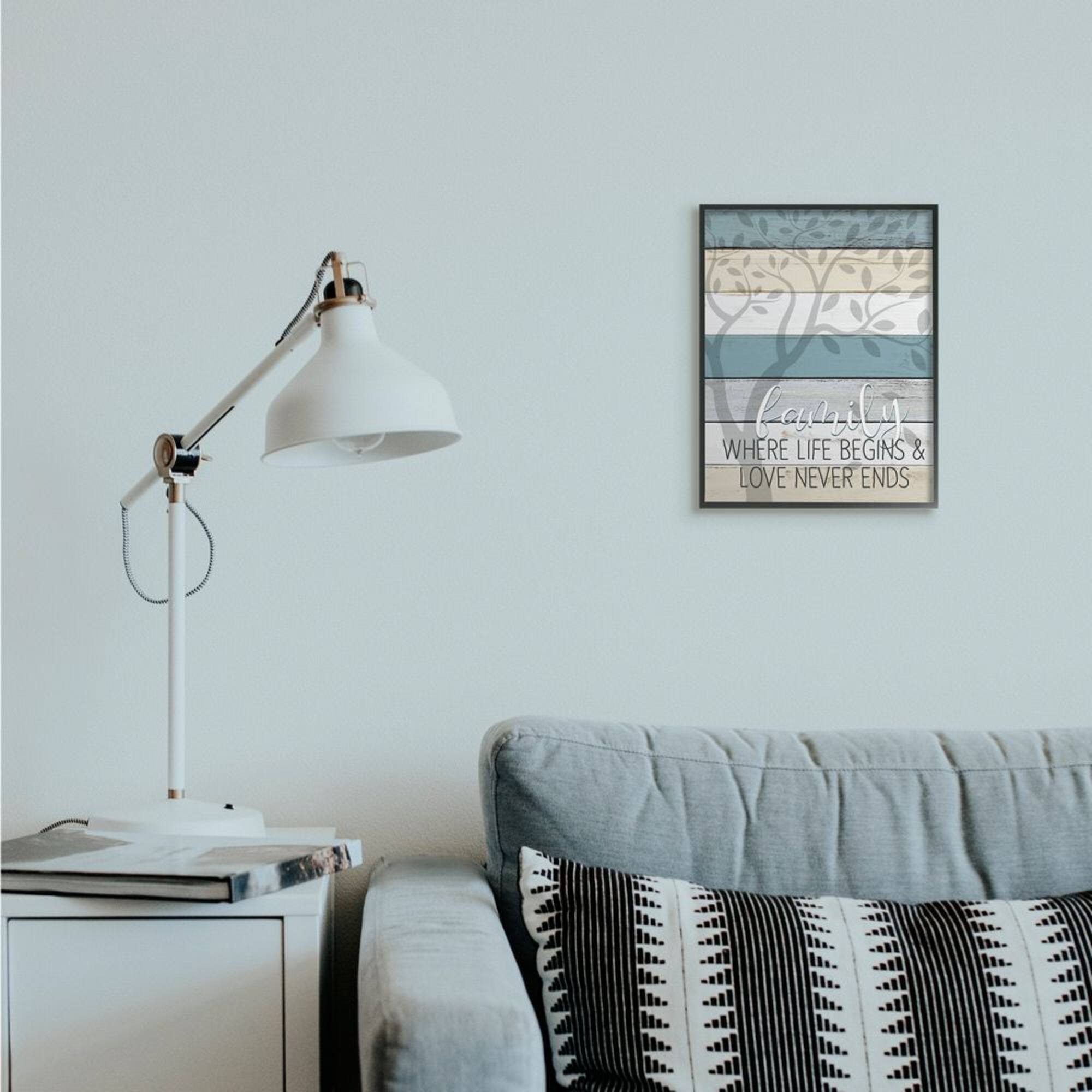 Stupell Industries Family Begin and End Quote Tree Wood Grain Blue Tan Phrase Framed Wall Art
